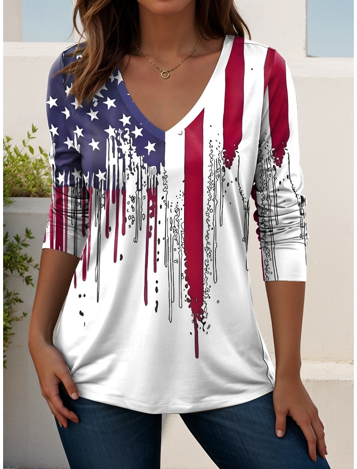 Independence Day PatrioticWomen's T Shirt Print Graphic Flag American Flag Stylish Classic Casual Long Sleeve Crew Neck Regular Tops Daily White Summer Spring