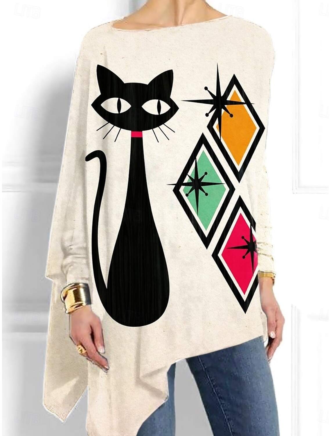 Women's Shirt Blouse Casual Cat Long Tops Long Sleeve Crew Neck Print Asymmetric Hem Regular Fit Daily Fall Winter