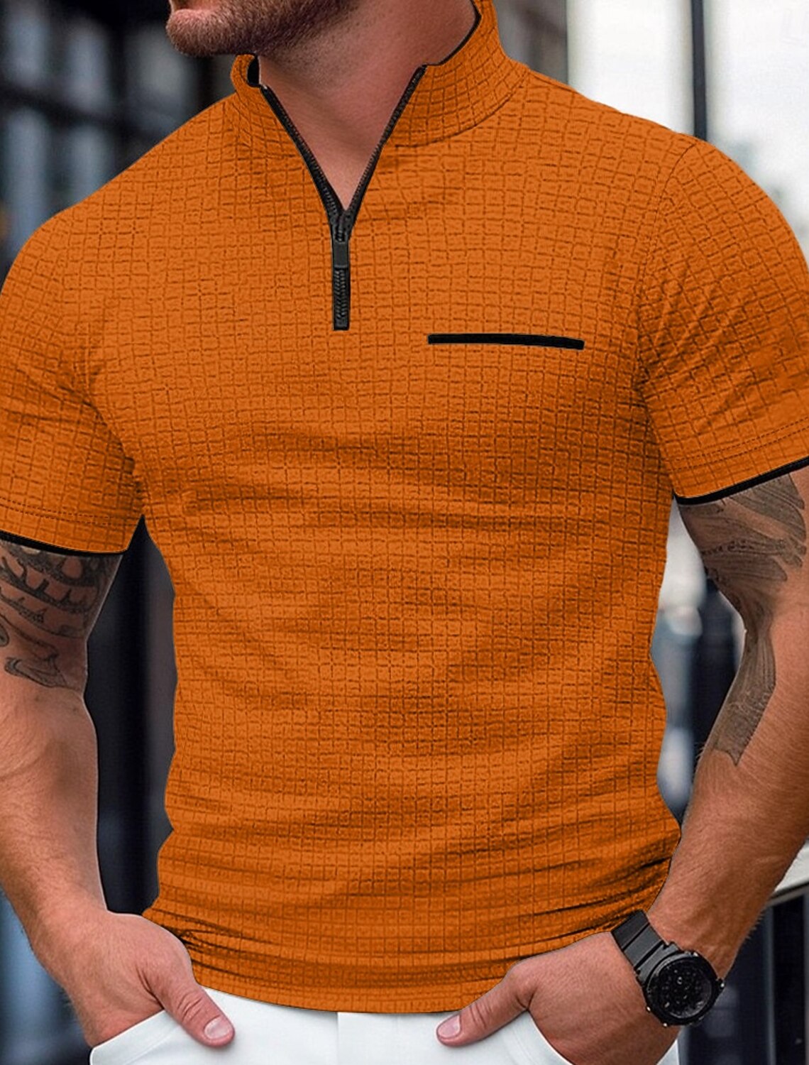 Men's Waffle Polo Shirts Zip Casual Holiday Quarter Short Sleeve