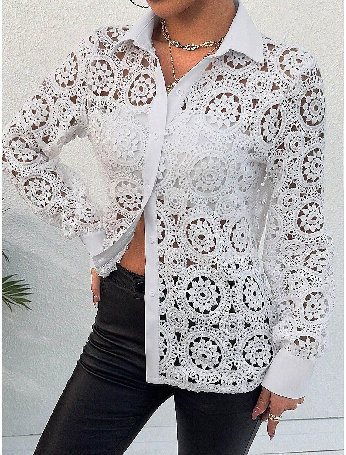 Shirt Lace Shirt Blouse Eyelet top Women's Plain Lace Button Street Daily Fashion Shirt Collar Regular Fit S