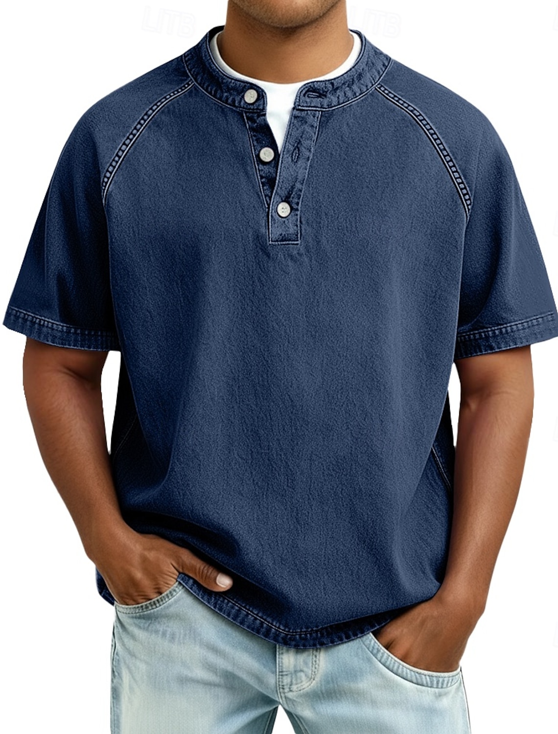 Men's T Shirt Henley 100% Cotton Acid Wash Tee Top Short Sleeve Plain