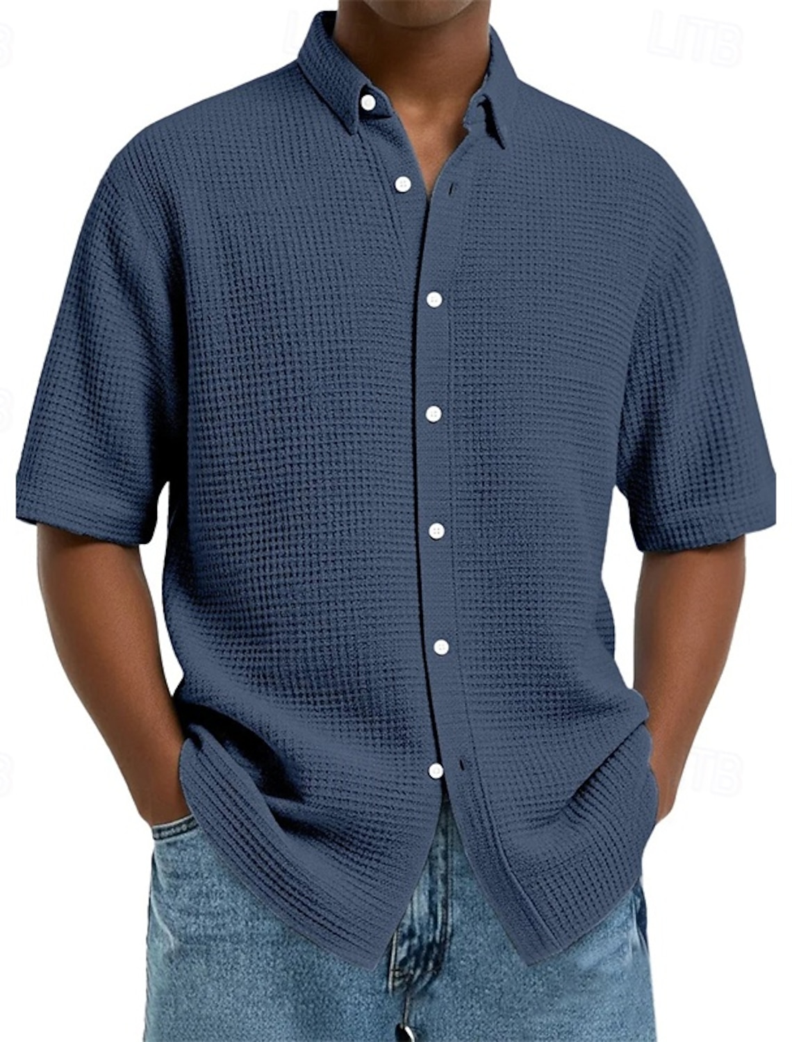 Men's Shirt Waffle Texture Casual Button Up Black White Wine Navy B #1