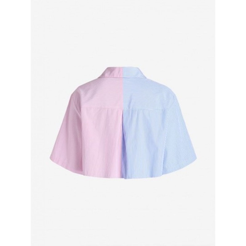 Front Pocket Two Tone Stripes Cropped Shirt NI9763