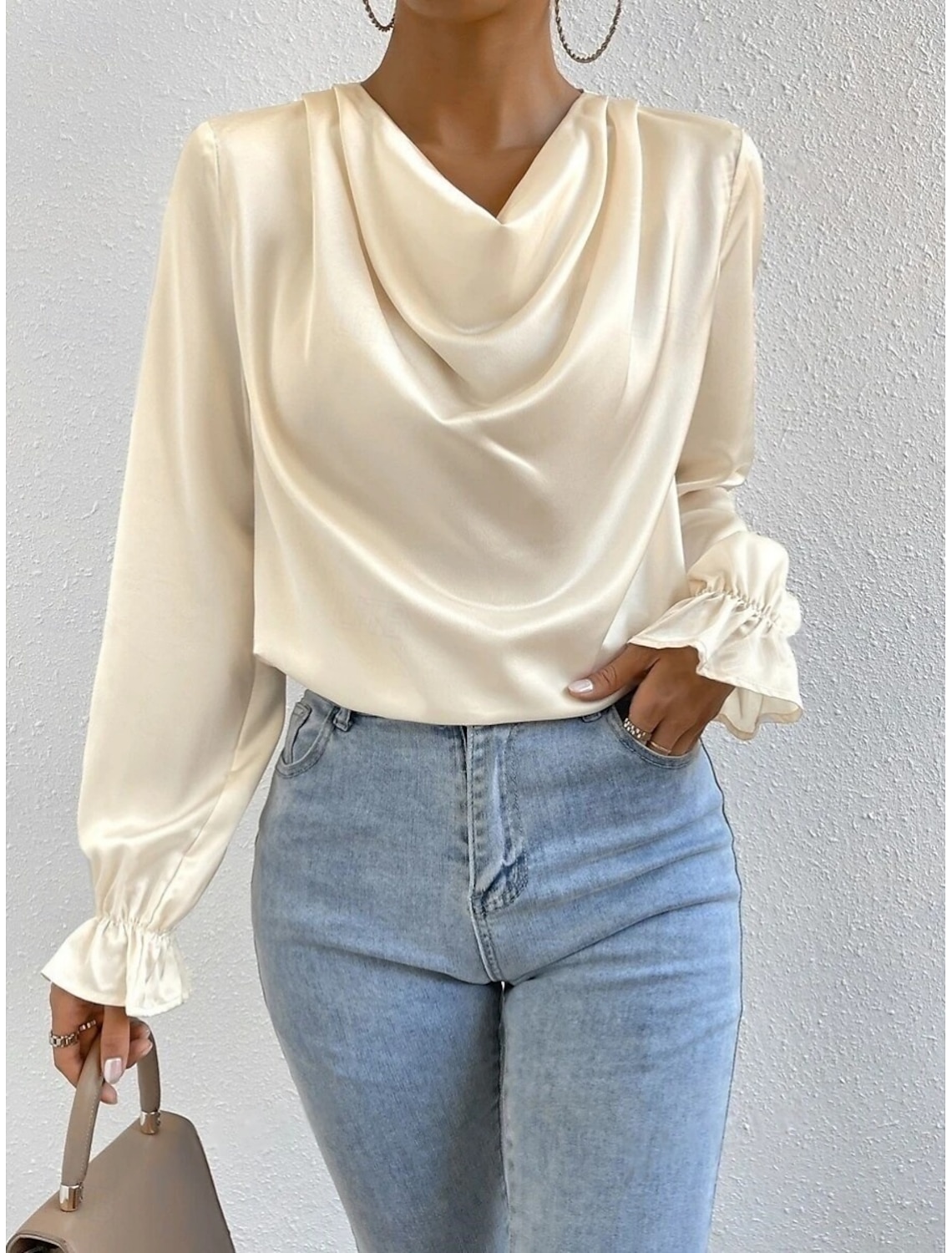 Women's Shirt Blouse Stylish Casual Solid Color Regular Tops Long Sleeve Cowl Neck Ruched Regular Fit Daily Summer Spring