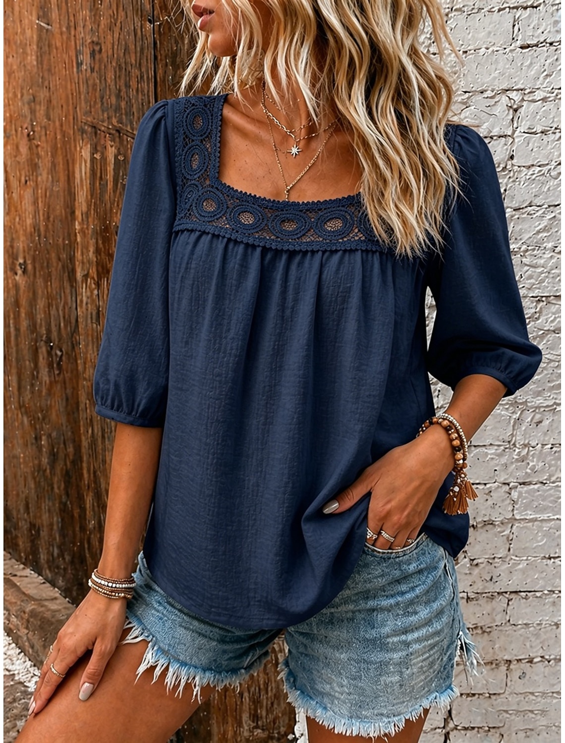 Women's Linen-feel Shirts Blouse Lace Trim Solid Color Daily Stylish Basic 3/4 Length Sleeve Square Neck Regular Tops Casual Daily Blue White Pink Navy Blue Green Summer Spring Fall