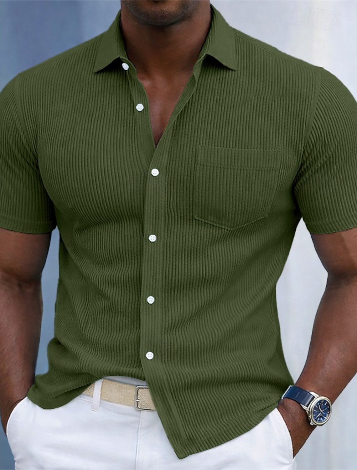 Men's Shirt Corduroy Button Up Blue Black White Navy Purple Long