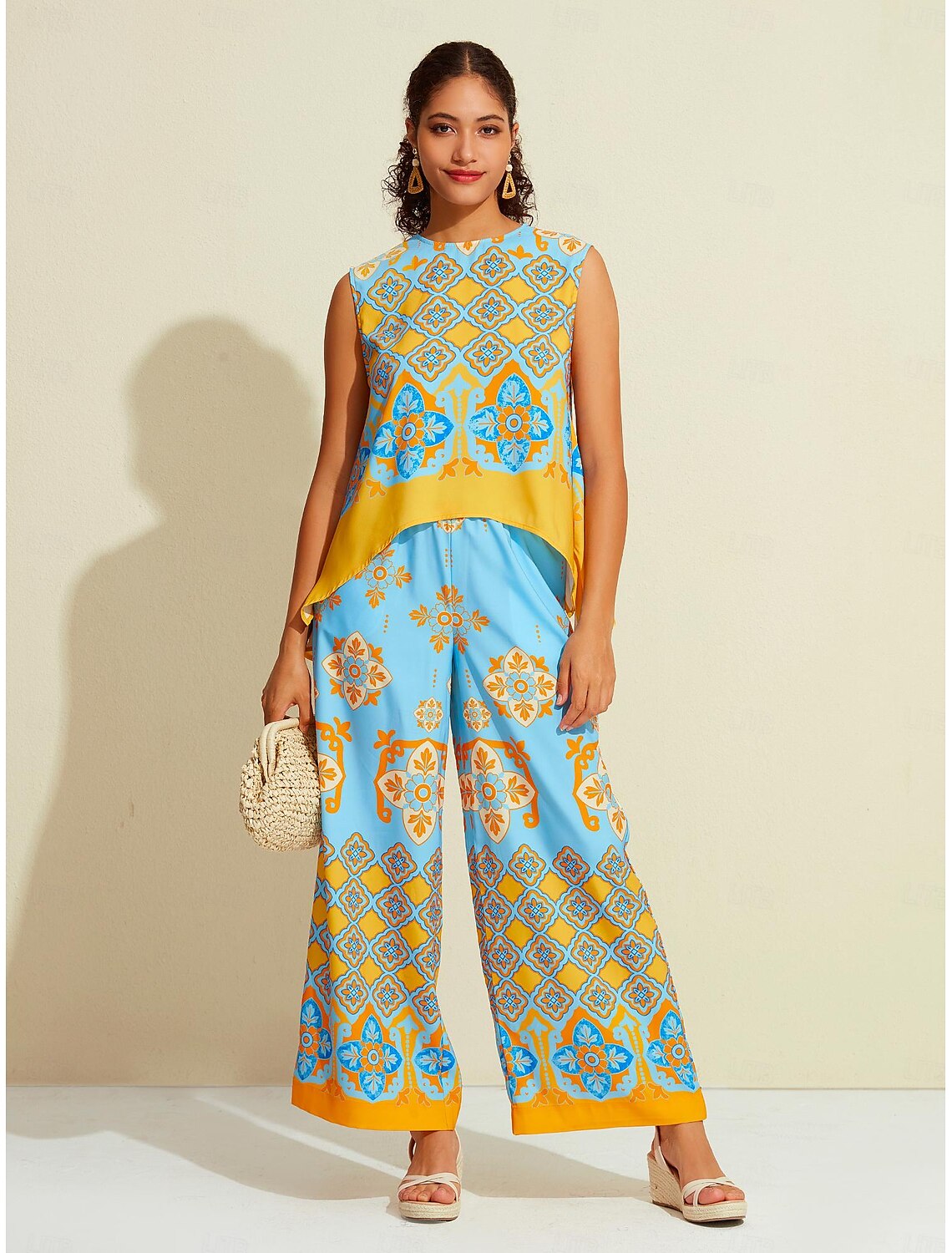 Satin Boho Double Slit Crew Neck Sleeveless Tank Top