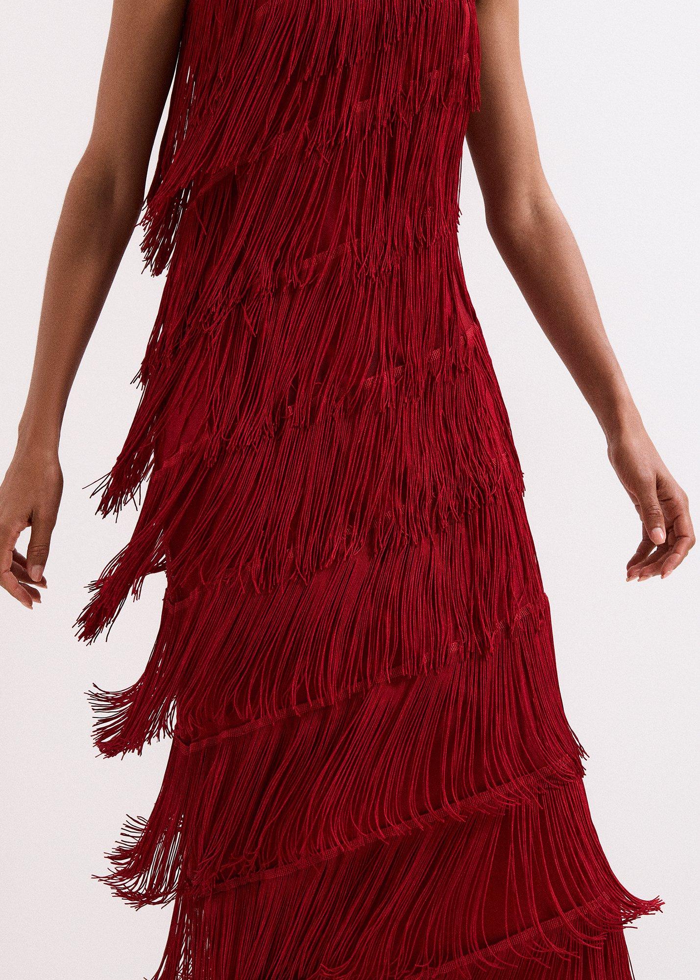 Otto Red One Shoulder Fringe Maxi Dress