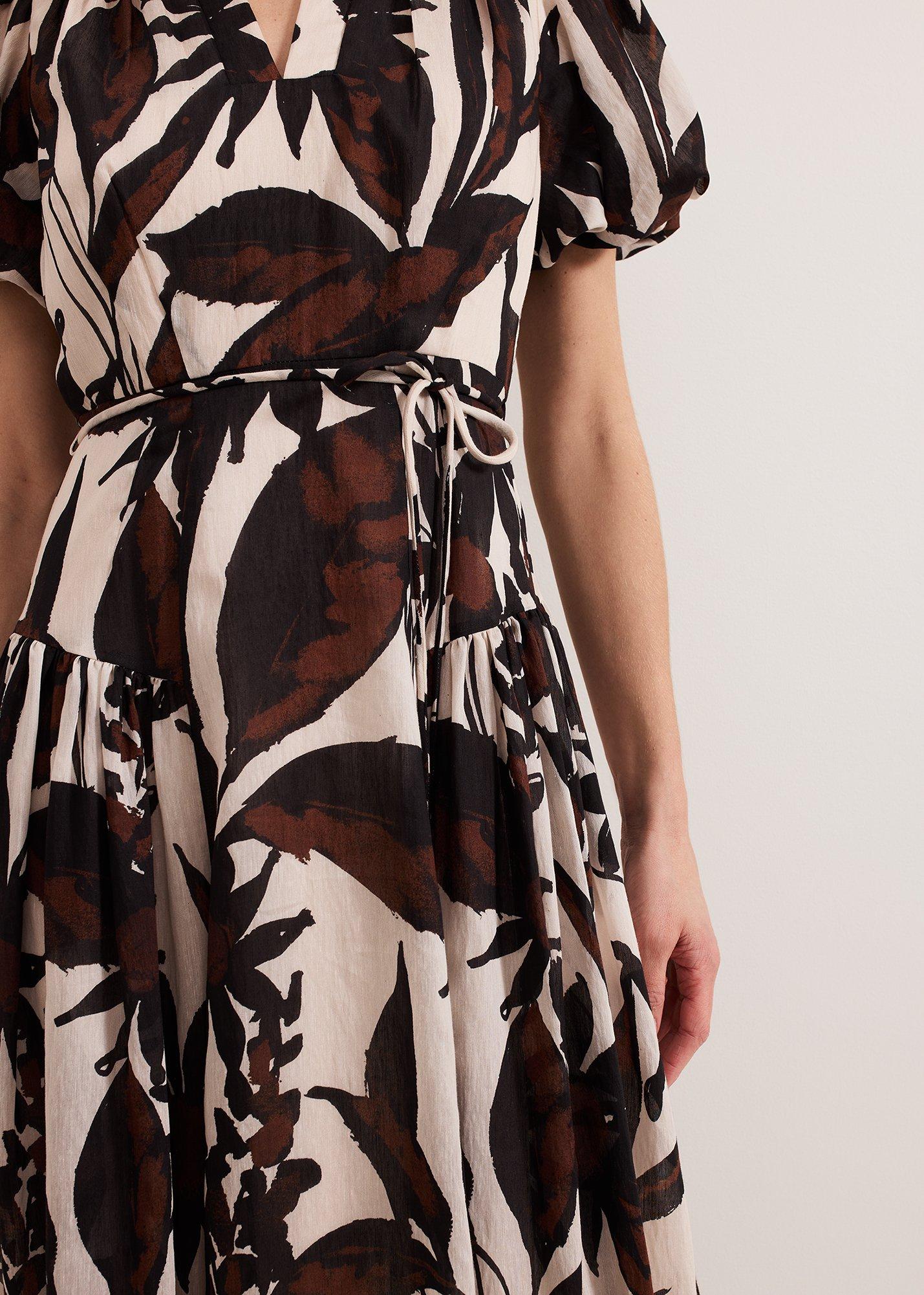 Zarah Printed Puff Sleeve V Neck Midi Dress