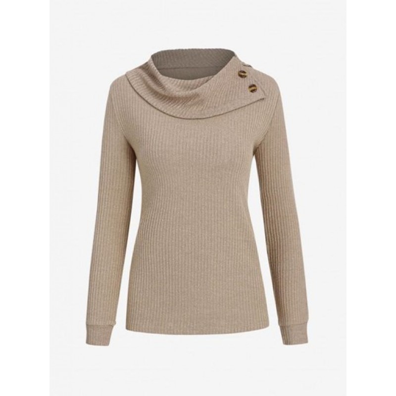 Turn Down Collar Buttoned Ribbed Knit Top CS9884