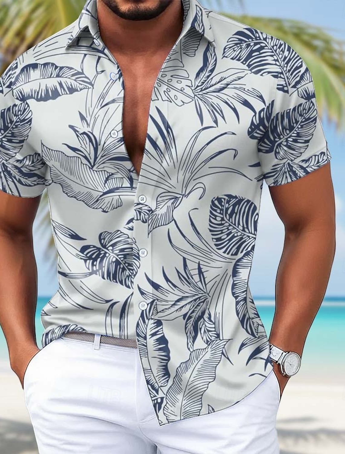 Men's Palm Leaf Tropical Plants Satin Shirt Hawaiian Shirt Aloha Shirt Short Sleeve Hawaiian Daily Vacation Summer Spring Turndown 3D Print Button Up Shirts Blue Purple Green Light Grey