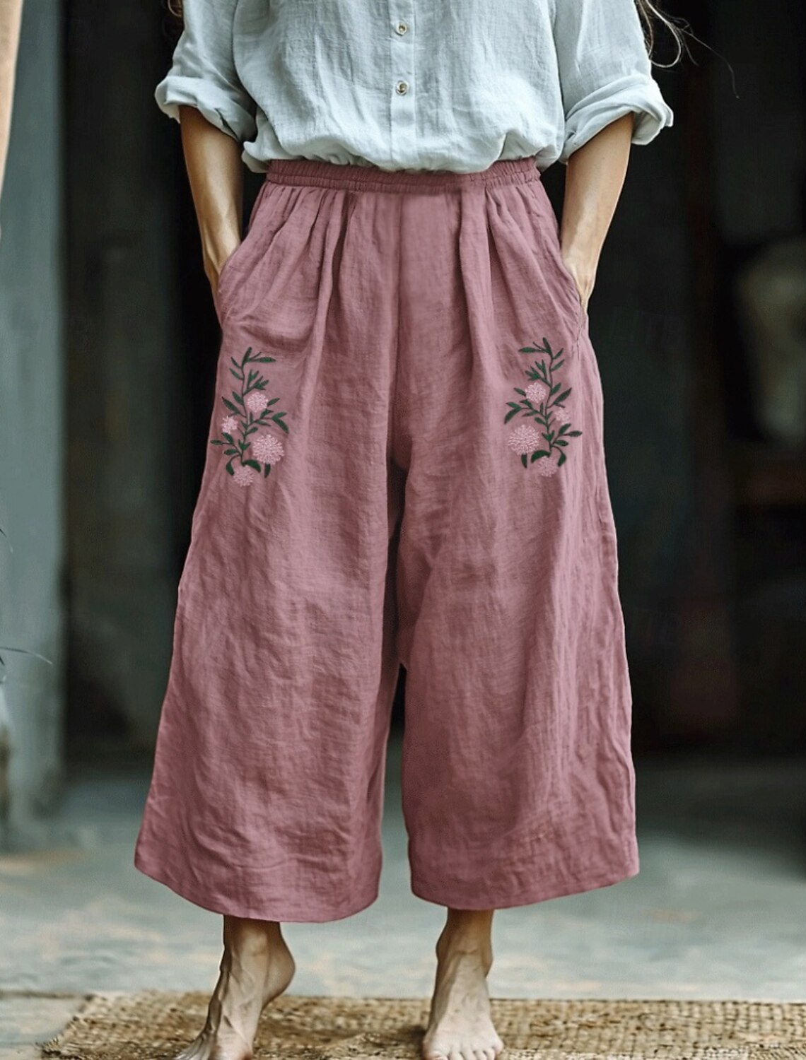 Women's Cotton Linen Pants Slacks Streetwear Boho Full Length Natural Flower Pocket Elastic Waist Printing Comfy Outdoor Holiday Going out Light Pink Summer Regular Fit