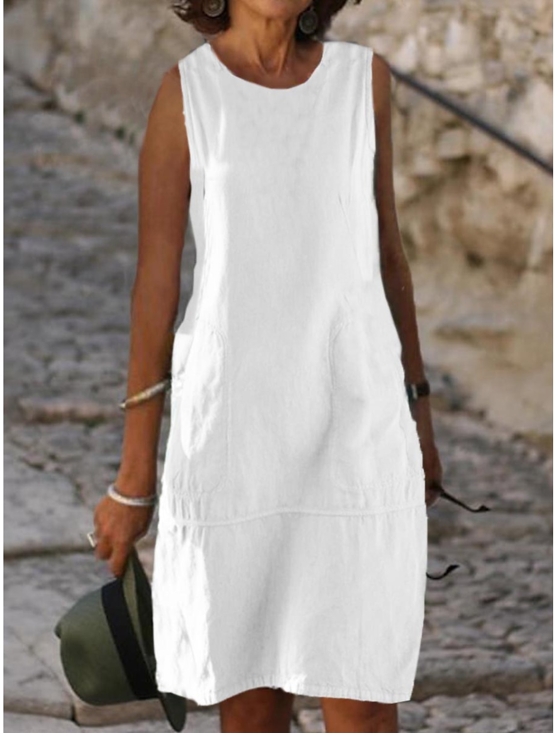 Women's Midi Dress Shift Dress Sundress White Dress Cotton Linen Dresses Classic Casual Daily Vacation Loose Fit Plain Sleeveless U Neck Blue Light Blue Black White Summer Spring