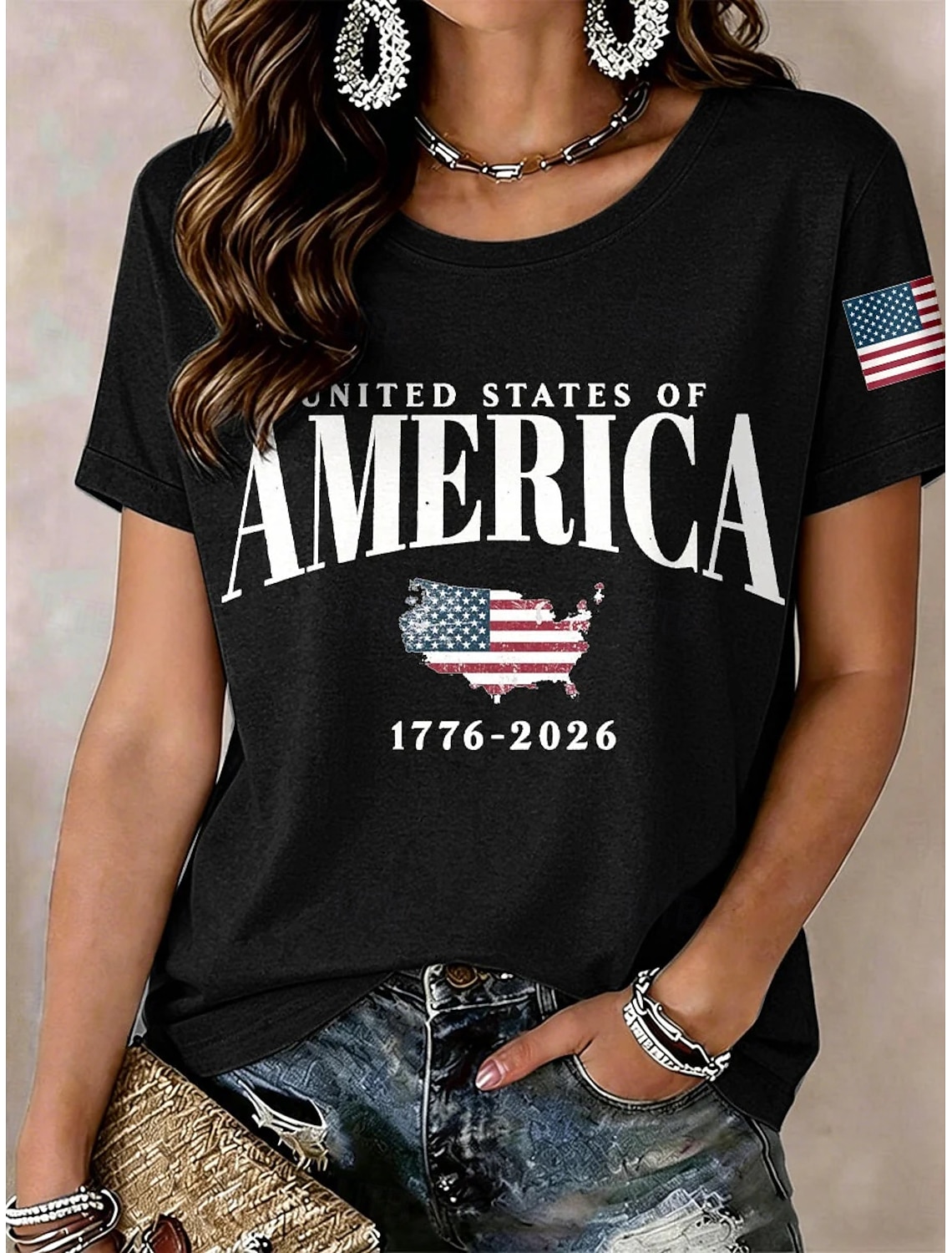 American Independence Day Women's T Shirt Print Graphic American Flag Vintage Fashion Casual Short Sleeve Crew Neck Regular Tops Casual Daily Weekend Red / Blue Summer Spring