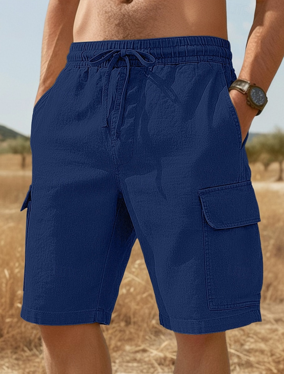 Men's Cargo Shorts Linen Summer Beach Drawstring Elastic Waist Mult #2