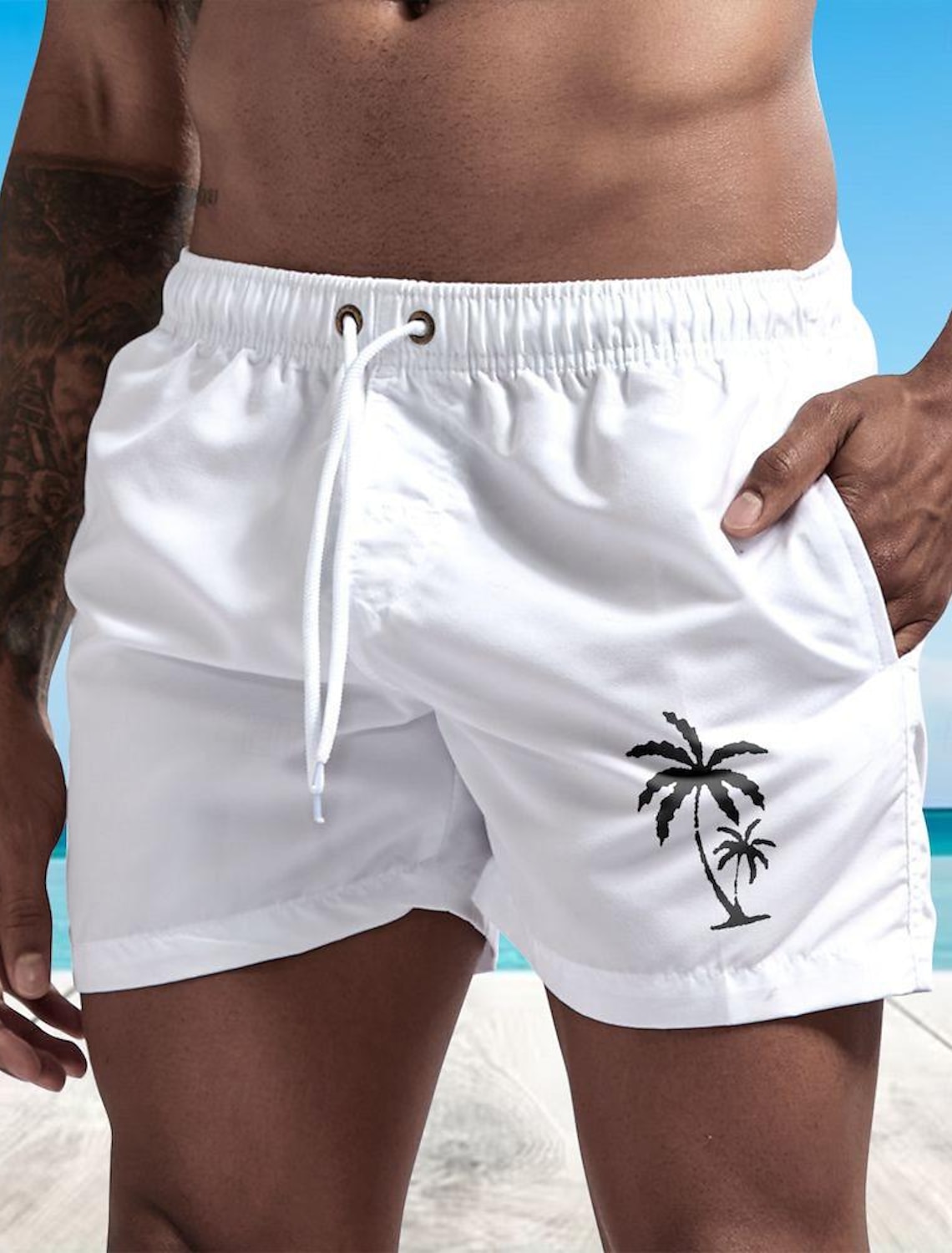 Men's Board Shorts Swim Shorts Swim Trunks Drawstring with Mesh lining Elastic Waist Coconut Tree Comfort Quick Dry Short Holiday Beach Weekend Fashion Casual Black White Micro-elastic