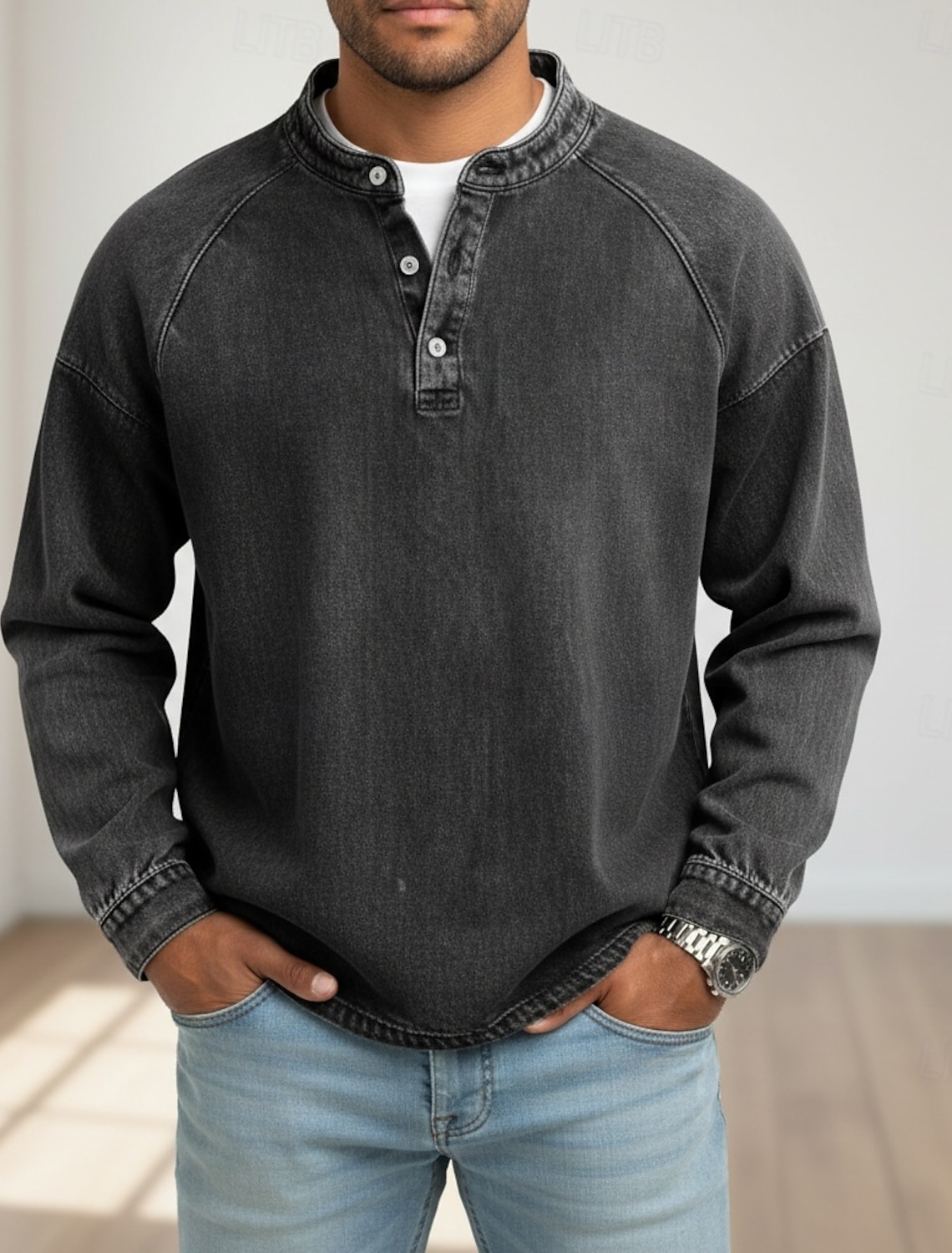 Men's T Shirt Henley Denim 100% Cotton Acid Wash Tee Top Long Sleeve