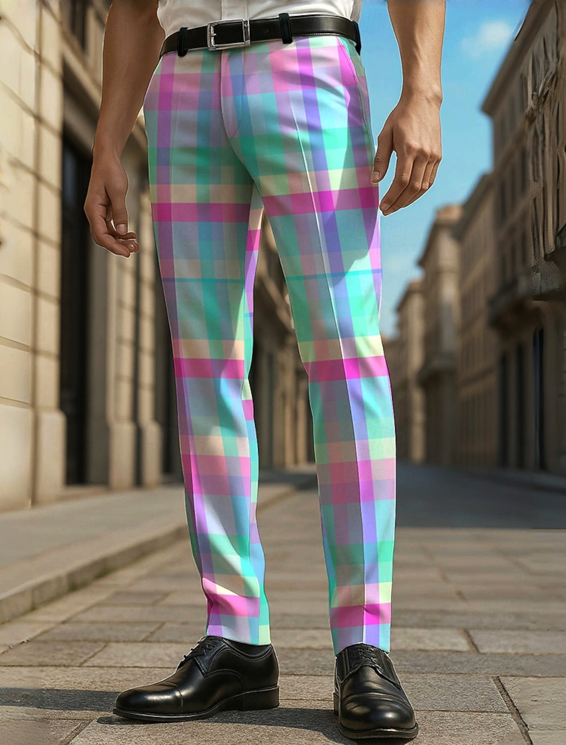 Men's Geometric Color Block Grid / Plaid Dress Pants Trousers Casual Pants Mid Waist Casual Vacation Party Daily Summer Spring Fall 3D Print Yellow Blue Green