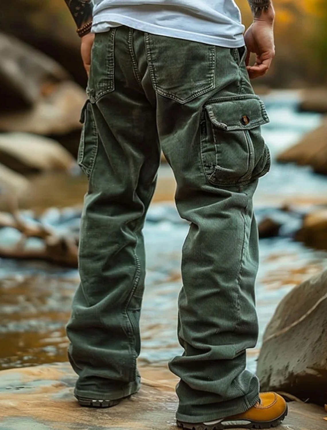 Men's Cargo Pants Corduroy Trousers Baggy Casual Elastic Waist Multi