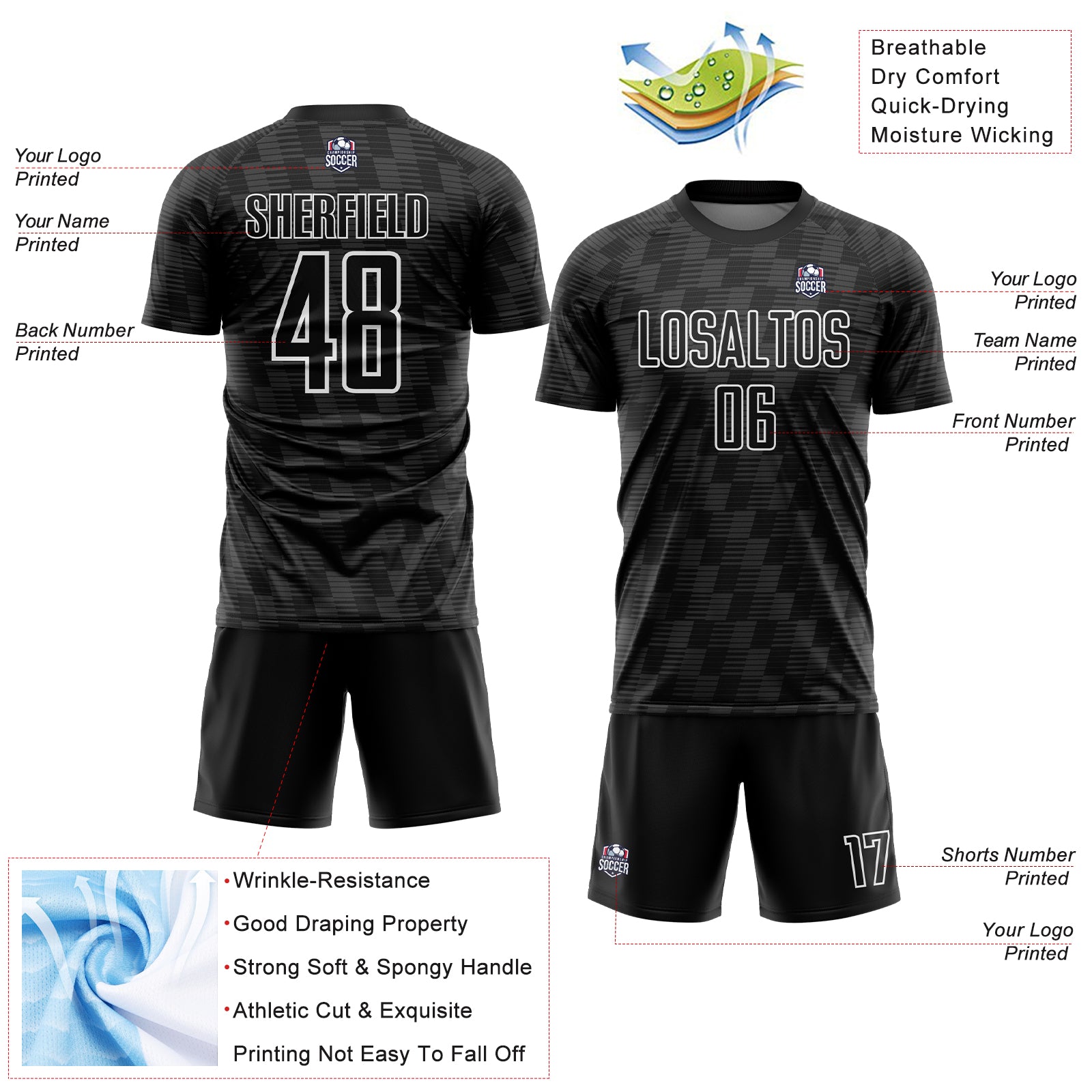 Custom Black White Line Sublimation Soccer Uniform Jersey