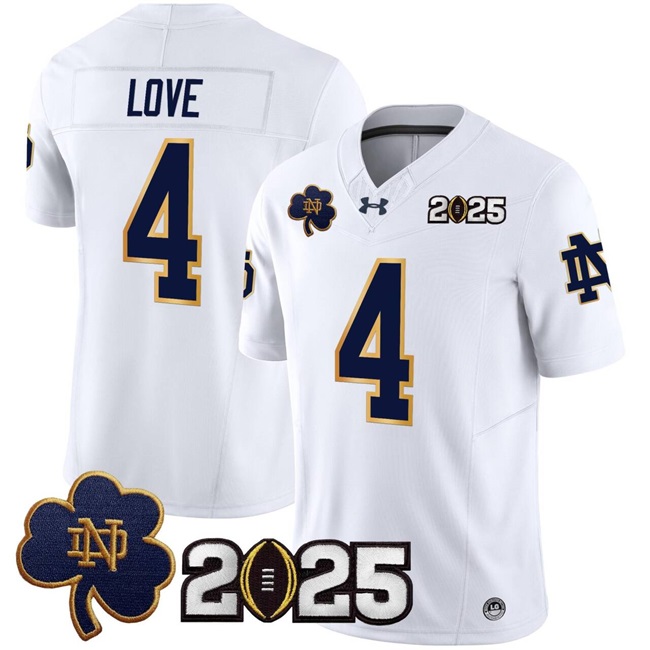 Men's ND Fighting Irish White 2025 authentic Jeremiyah Love #4 durabl