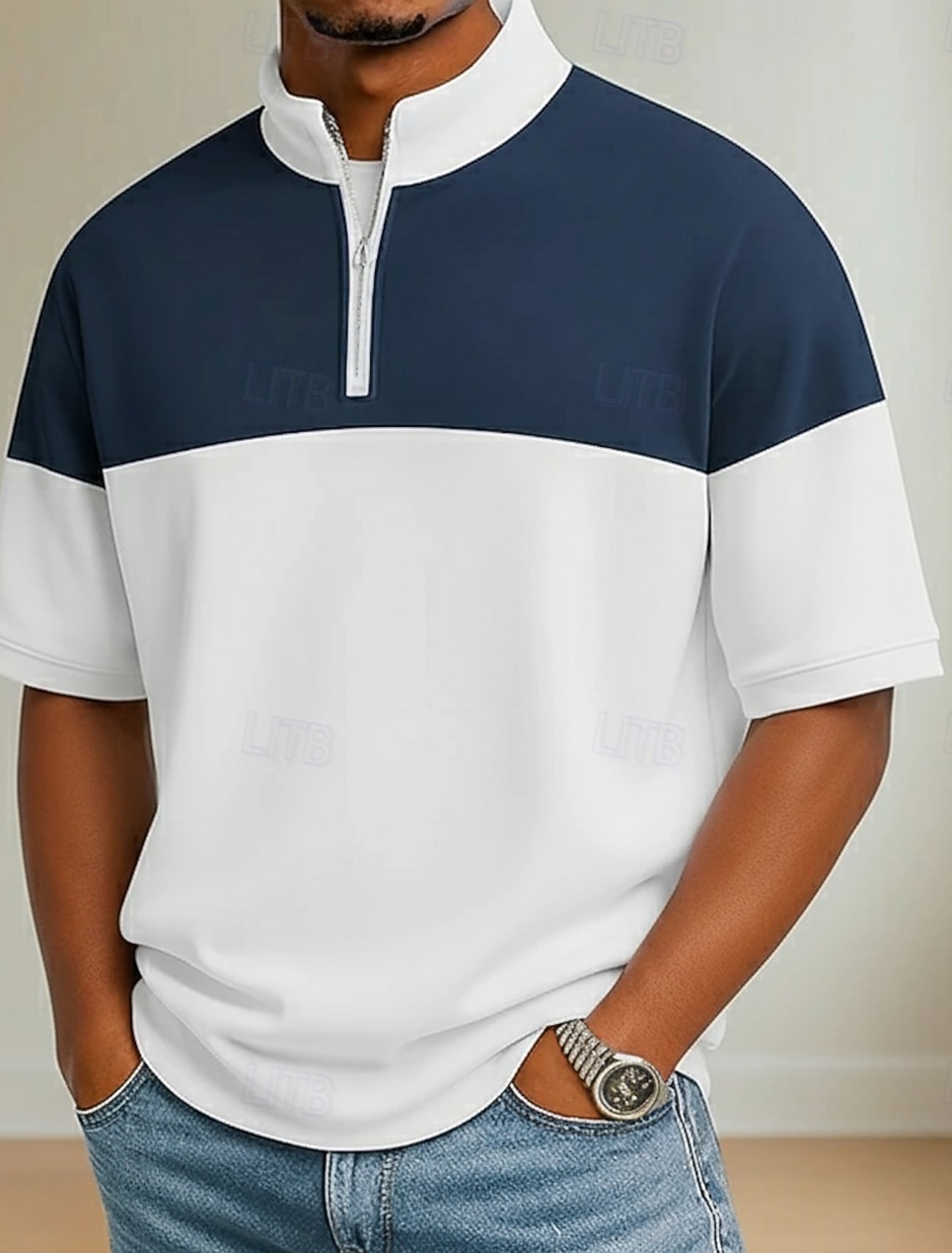 Men's Color Block Zip Polo Shirts Long Sleeve Grandad Collar Casual