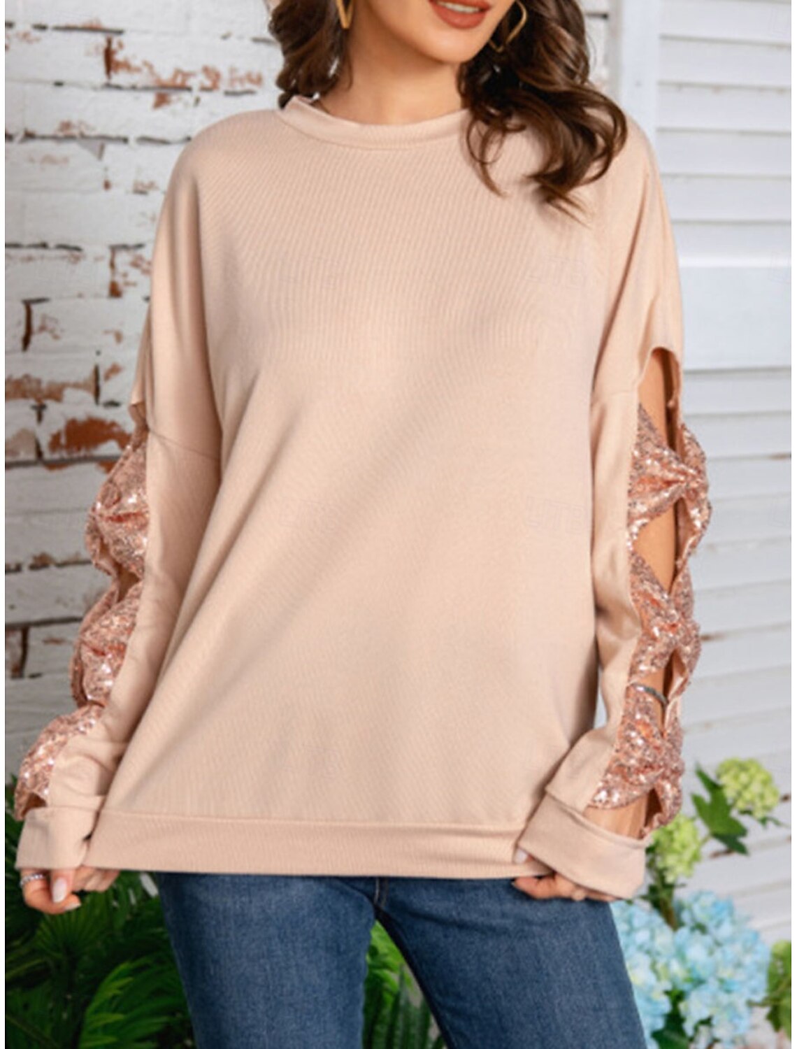 Women's Shirt Blouse Basic Casual Solid Color Regular Tops Long Sleeve Crew Neck Sequins Patchwork Bow Regular Fit Daily Fall Winter