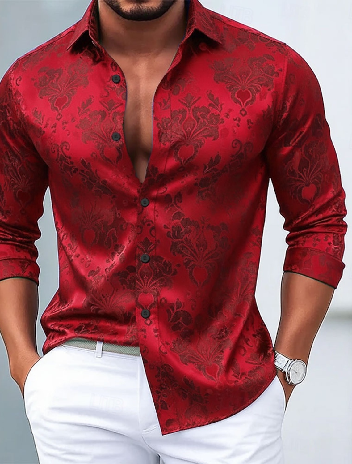 Men's Ethnic Intricate Floral Flowers Shirt Satin Dress Long Sleeve