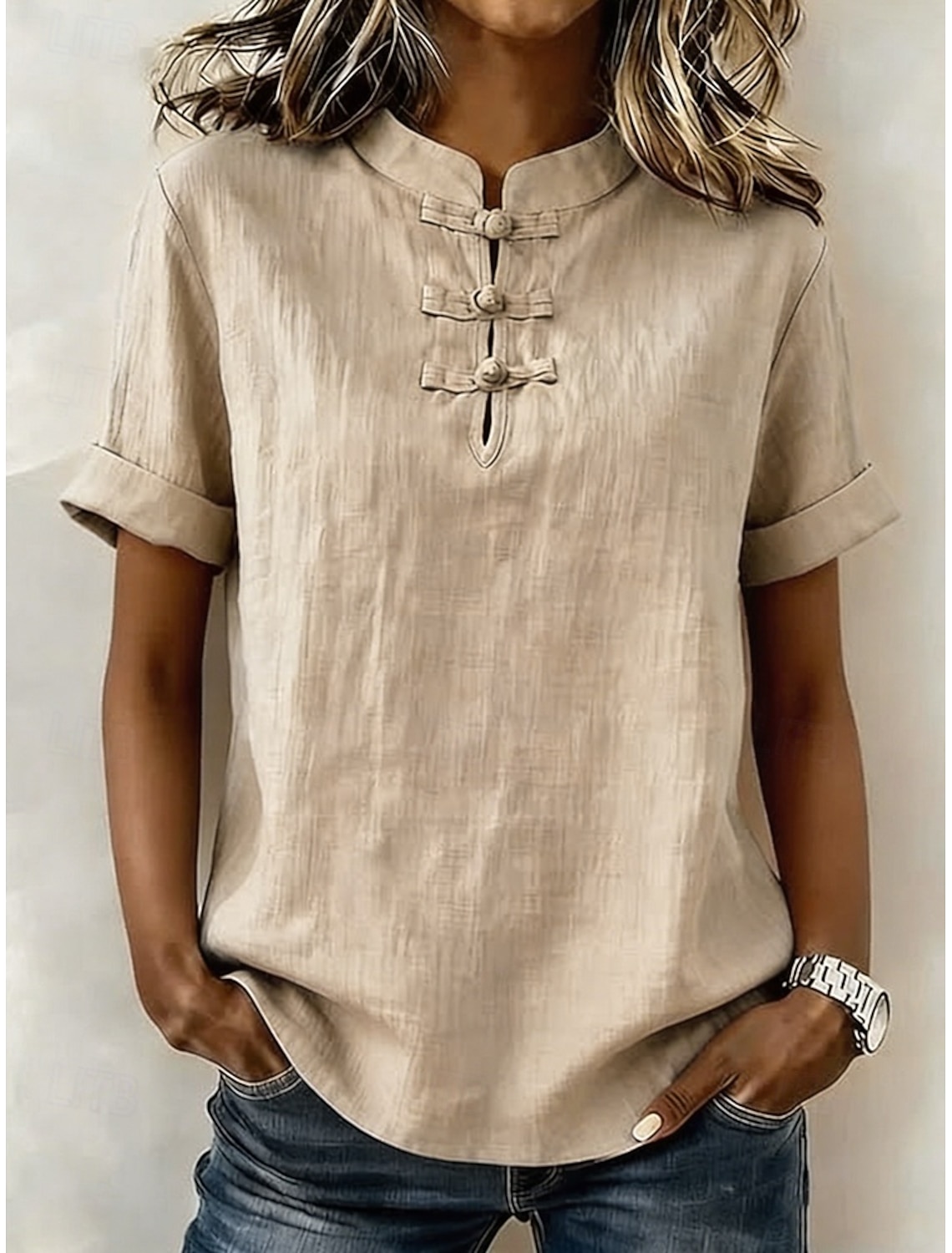 Women's Cotton Linen Shirts Blouse Stylish Short Sleeve Mandarin Collar Long Tops Blue White Pink Green khaki Summer Spring