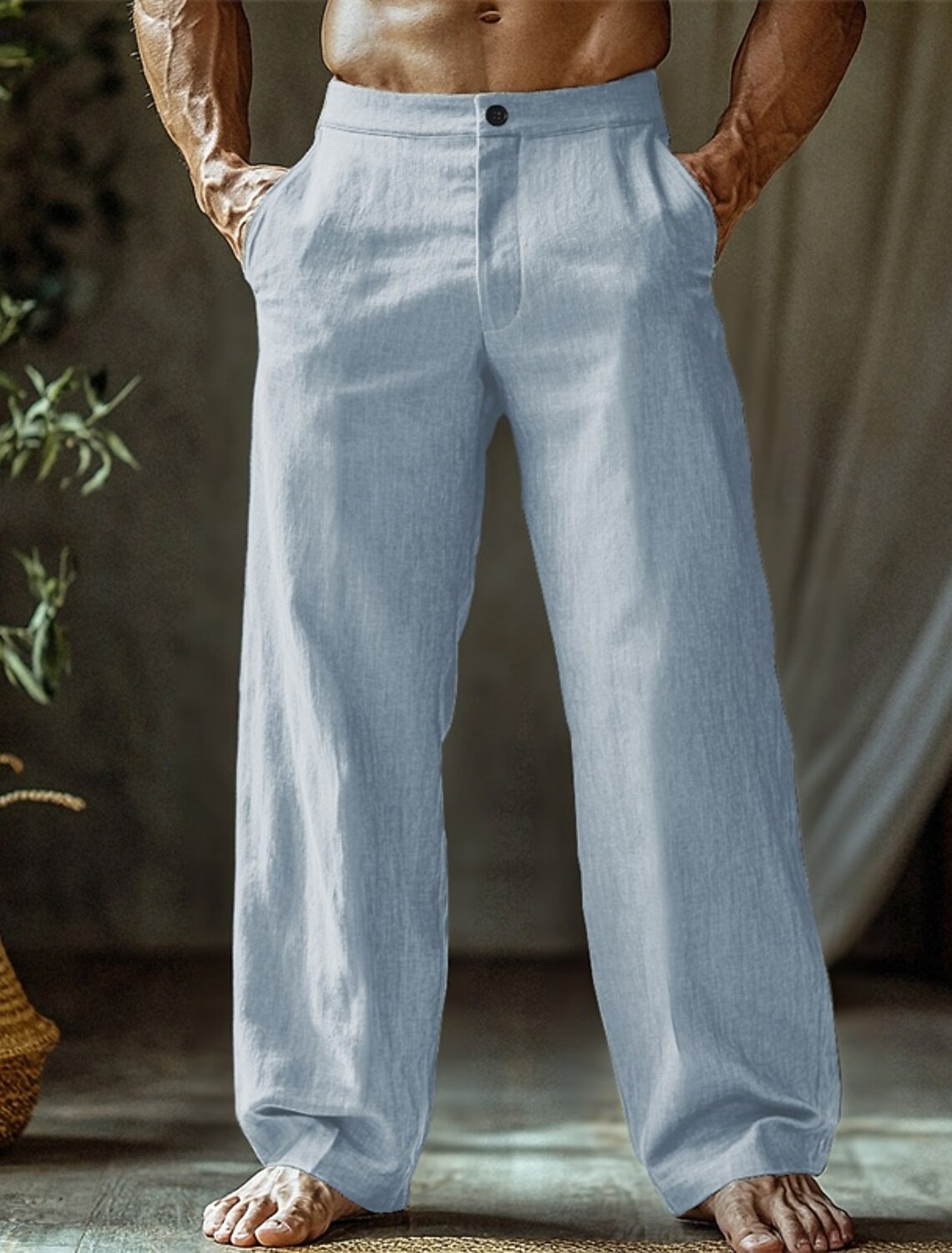 Men's Linen Pants Trousers Summer Pants Beach Pants Buttons Pocket Straight Leg Plain Comfort Breathable Vacation Daily Holiday Hawaiian Boho Black White