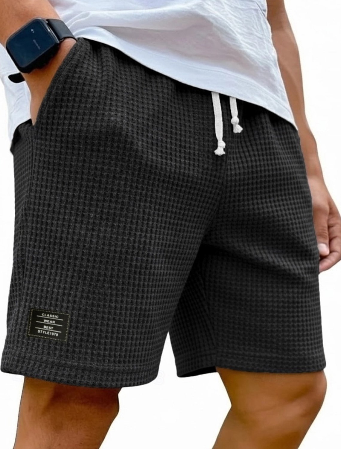 Men's Waffle Shorts Shorts Summer Shorts Beach Shorts Casual Shorts Pocket Elastic Waist Plain Comfort Breathable Knee Length Casual Outdoor Beach Vacation Fashion Black White Micro-elastic