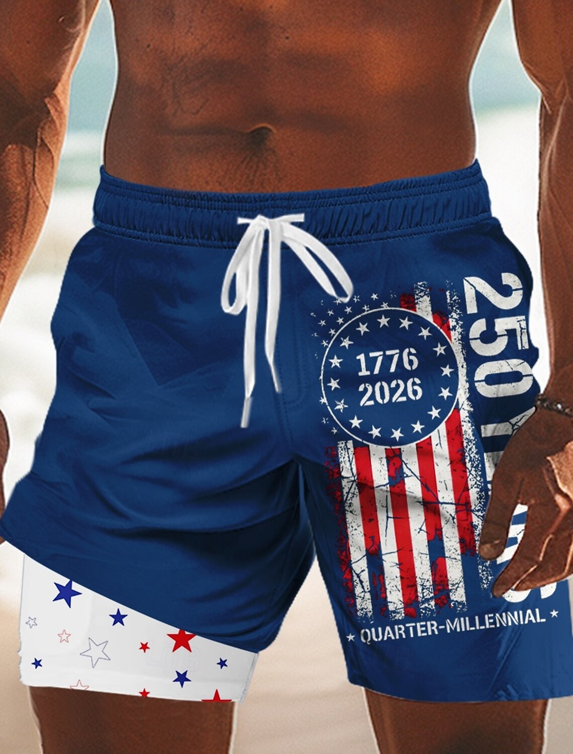 Men's 4th of July U.S. 250th Anniversary American Flag Lined Shorts 2 in 1 Board Shorts Swim Shorts Mid Waist Patriotic Holiday Side Pockets With Compression Liner Elastic Drawstring Waist Designer