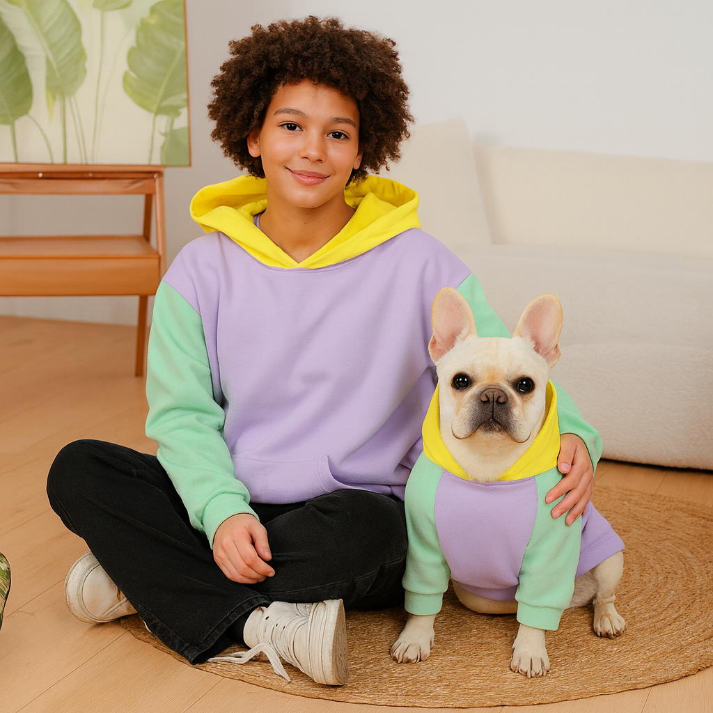 Tailvent Frenchie Human Matching Hoodie – Pastel Colorblock Sweatshirt for Dog and Owner