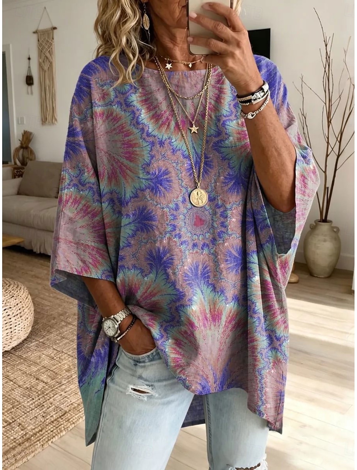 Women's Blouse Print Floral Graphic Bohemia Daily Ethnic 3/4 Length Sleeve Crew Neck Boat Neck Long Tops Casual Daily Holiday Black Pink Purple Green Summer Spring