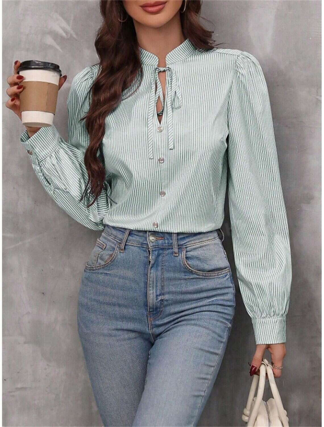 Women's Shirt Blouse Stylish Casual Striped Regular Tops Long Sleeve V Neck Patchwork Regular Fit Work Daily Going out Summer Spring Fall