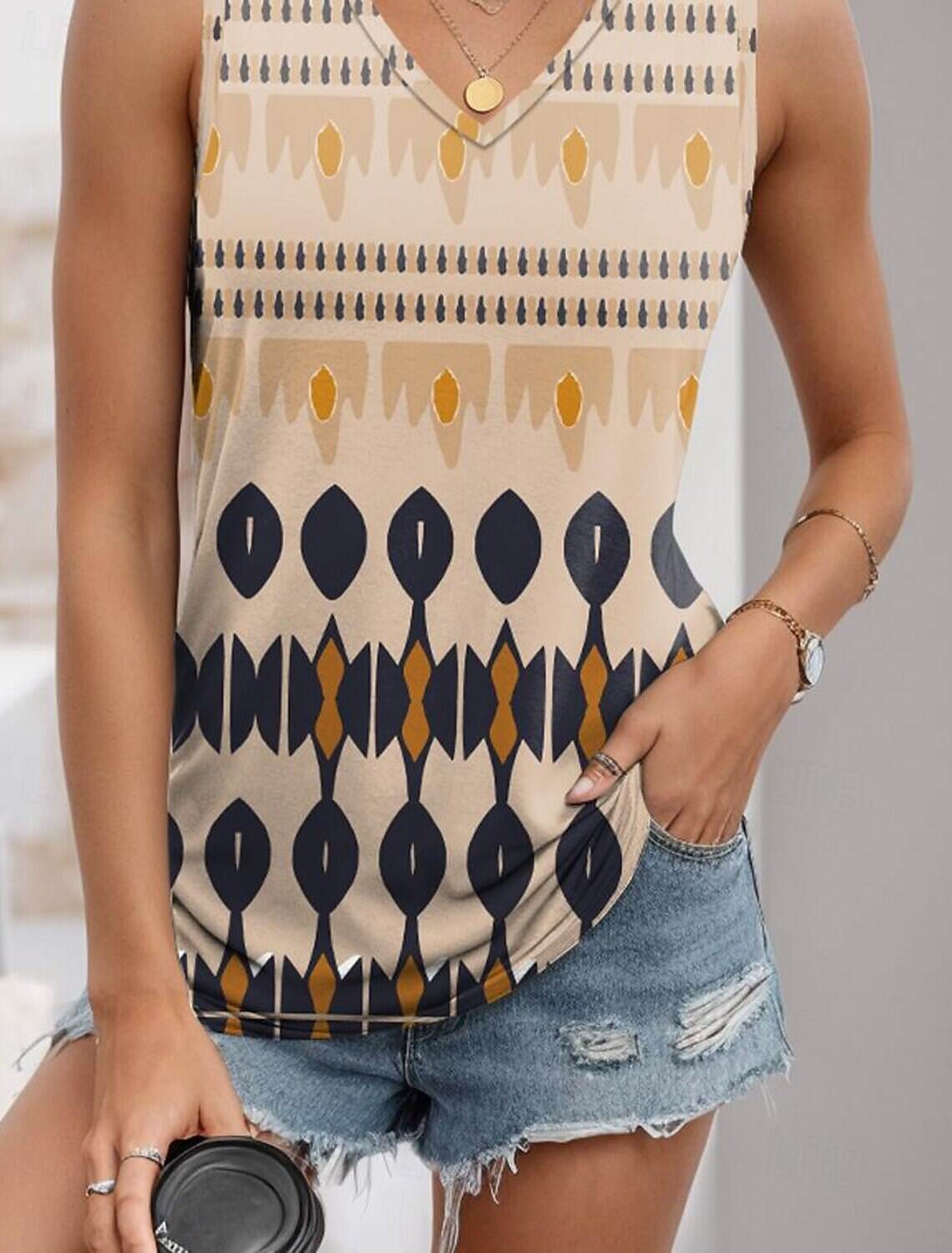 Women's Tank Top Vest Vintage Ethnic Boho Geometric Print Sleeveless Regular Tops V Neck Vacation Summer
