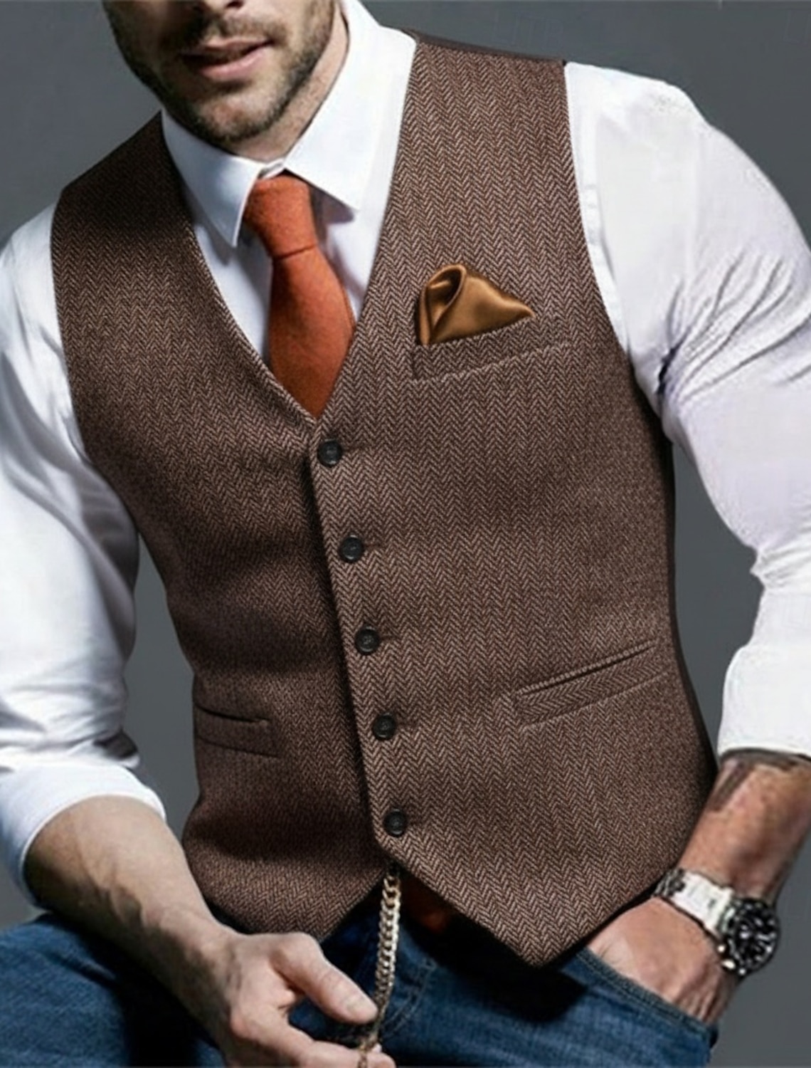 Men's Tweed Vest Waistcoat Formal Wedding Vacation Daily Vintage Fashion Spring Fall Pocket Buttons Polyester Comfortable Herringbone Single Breasted V Neck Lapel Slim Fit Brown Light Grey Dark Gray