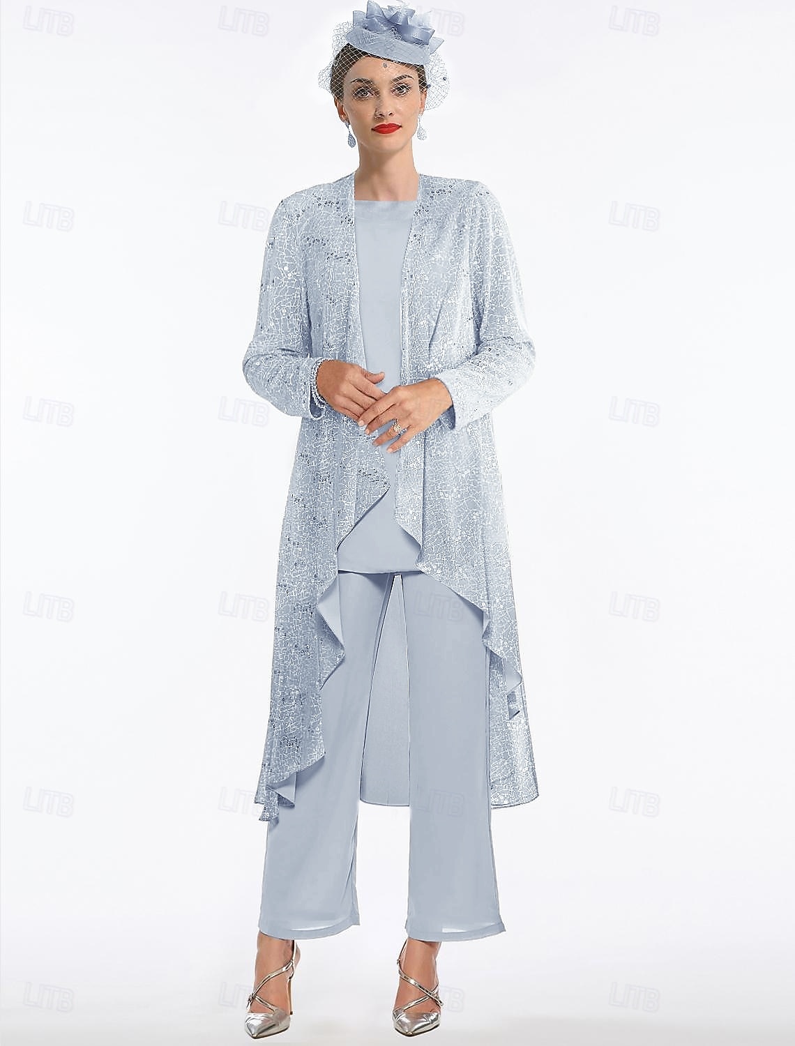 Jumpsuit Pantsuit 3 Piece Floor Length Mother of the Bride Dress Sleeveless Scoop Neck Elegant Wedding Guest Chiffon Lace Wrap Included with Sequin