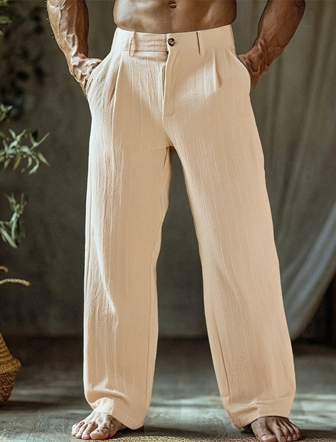 Men's Linen Pants Trousers Summer Pants Beach Pants Buttons Pocket Straight Leg Plain Comfort Breathable Vacation Daily Holiday Hawaiian Boho Black White