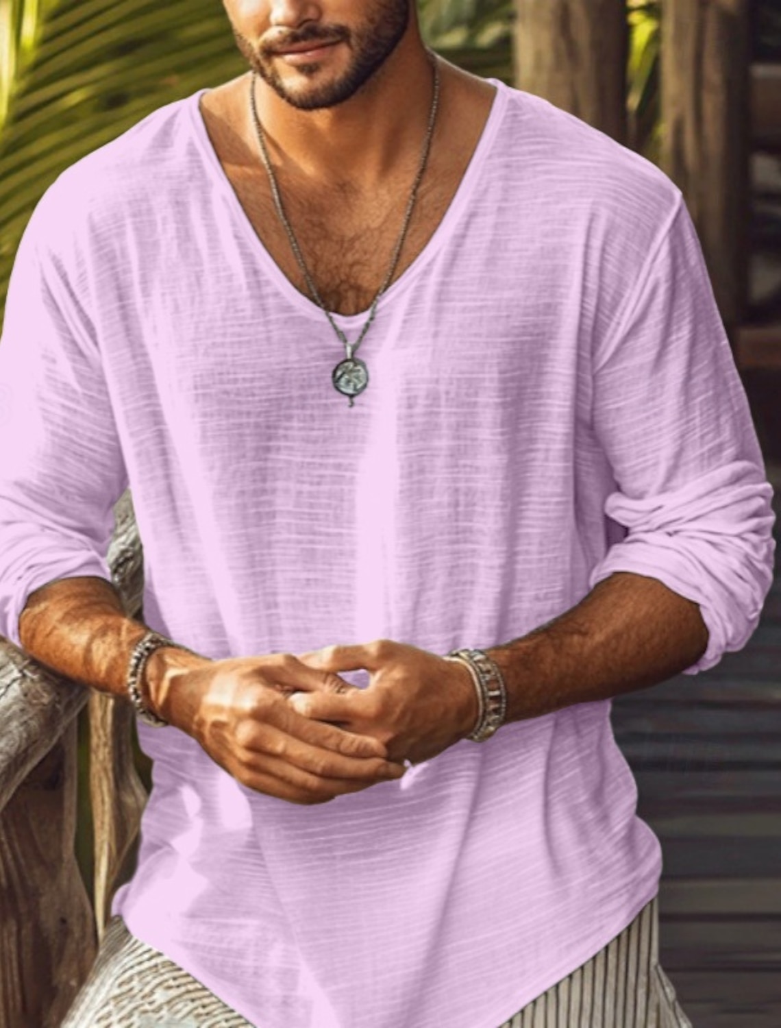 Men's Tee Top Linen-Like T-shirt Long Sleeve Crew Neck Summer Spring