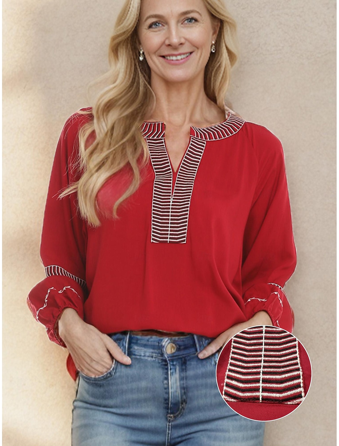 Women's Tunic Designer Shirt Rayon Bohemian Style Mature Color Block Striped Embroidered Long Sleeve Long Tops V Neck New Year Work Spring & Fall