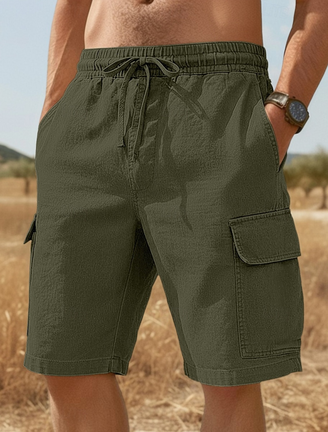 Men's Cargo Shorts Linen Summer Beach Drawstring Elastic Waist Mult #2