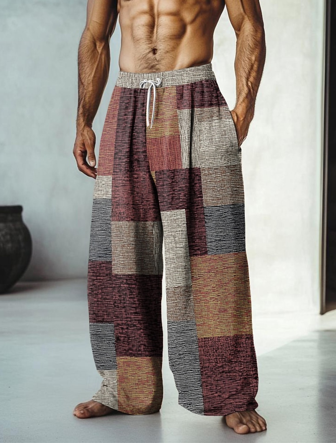 Men's Color Block Patchwork Pants Trousers Mid Waist Drawstring Elastic Waist Hawaiian Casual Outdoor Vacation Holiday Straight Leg Trousers Summer Spring Fall 3D Print Yellow Red Blue