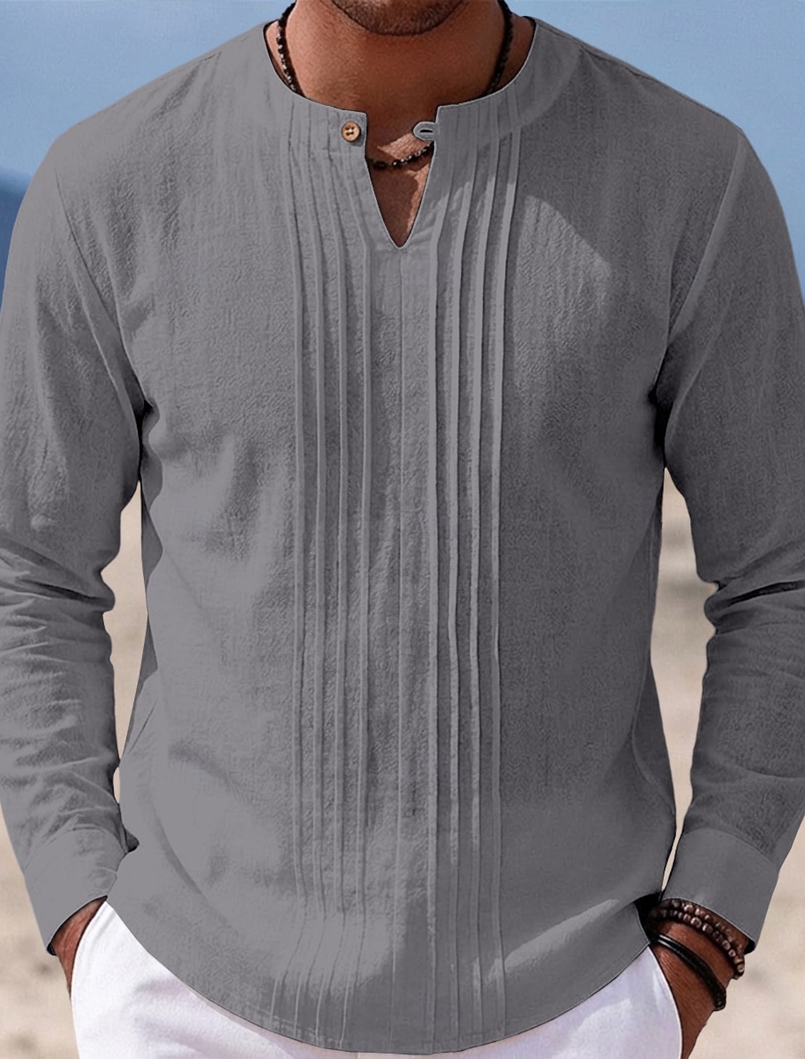 Men's Shirt Linen Shirt Summer Shirt Beach Shirt Solid Color Casual Vacation Blue Black White Khaki Long Sleeve Mandarin Collar Summer Spring Clothing Apparel Ruched