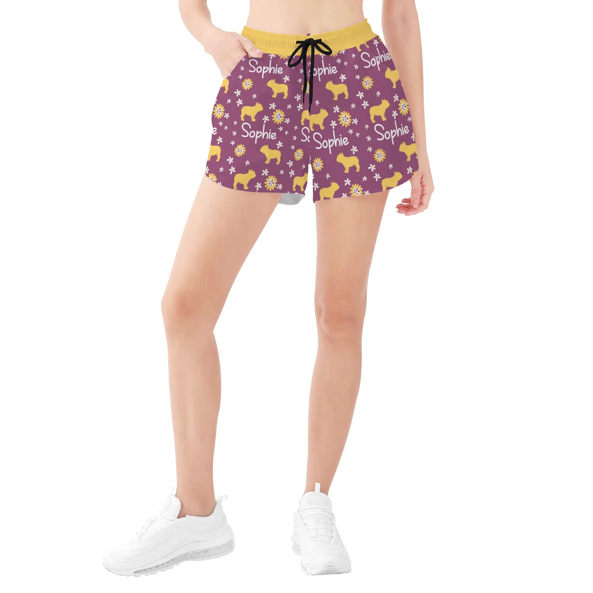 Custom Women's Beach Shorts with French Bulldog Name