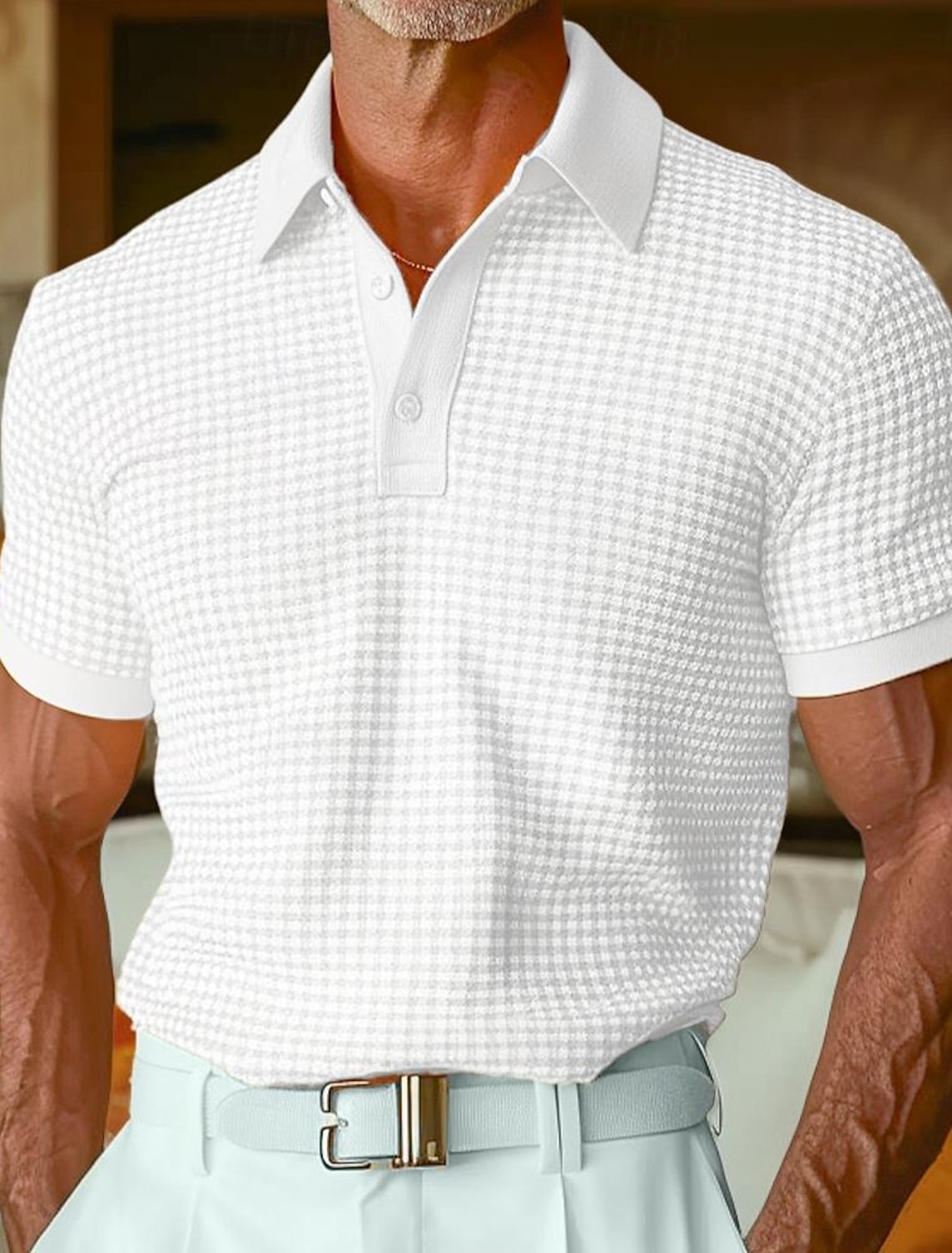 Men's Waffle Polo Shirts Textured Casual Holiday Lapel Ribbed Polo Collar Short Sleeve Fashion Basic Plain Buttons Soft Summer Spring Regular Fit White Yellow Burgundy Mint Green Green khaki Waffle