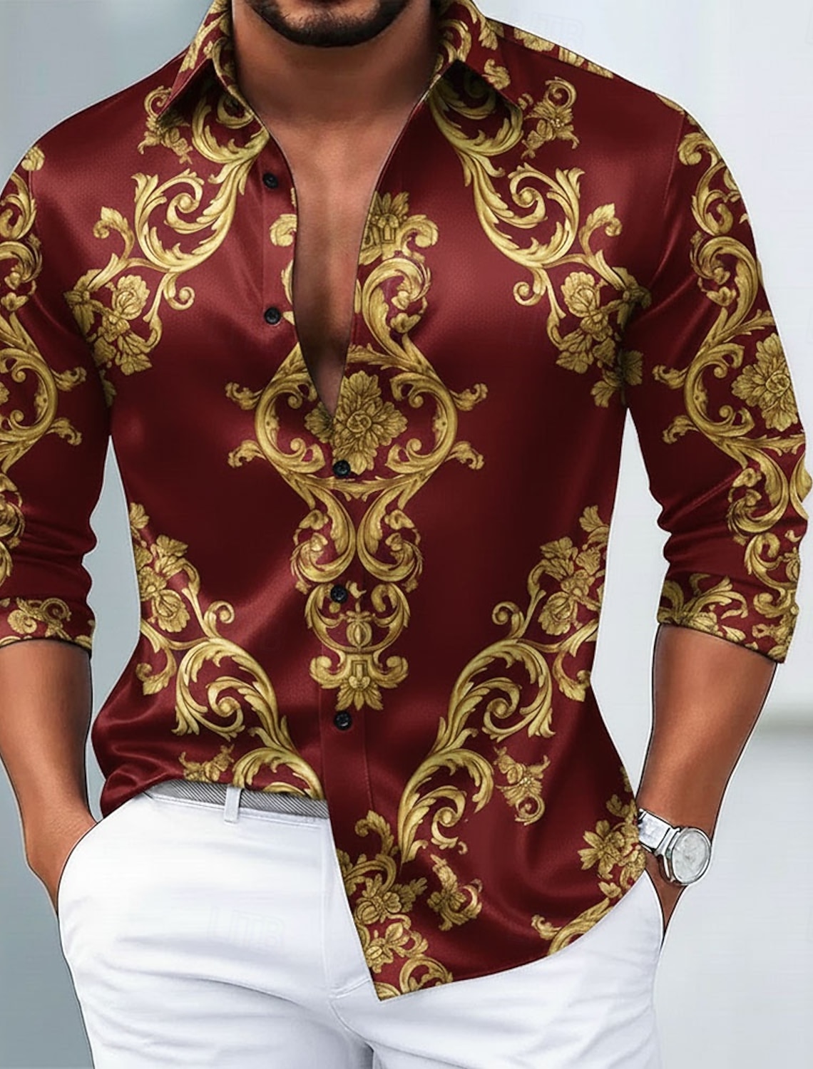 Men's Floral Print Baroque Shirt Satin Shirt Dress Shirt Long Sleeve Vintage Retro Vacation Dailywear Summer Spring Fall Turndown 3D Print Button Up Shirts Blue Black White Burgundy