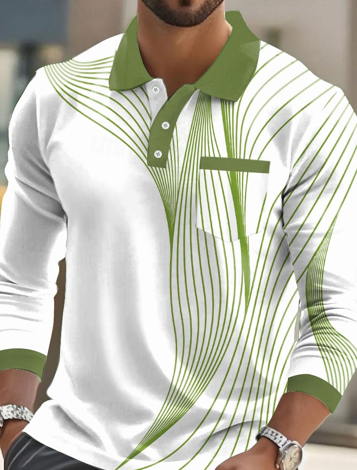 Men's Geometric Polo Long Sleeve Shirts Collared Business Casual