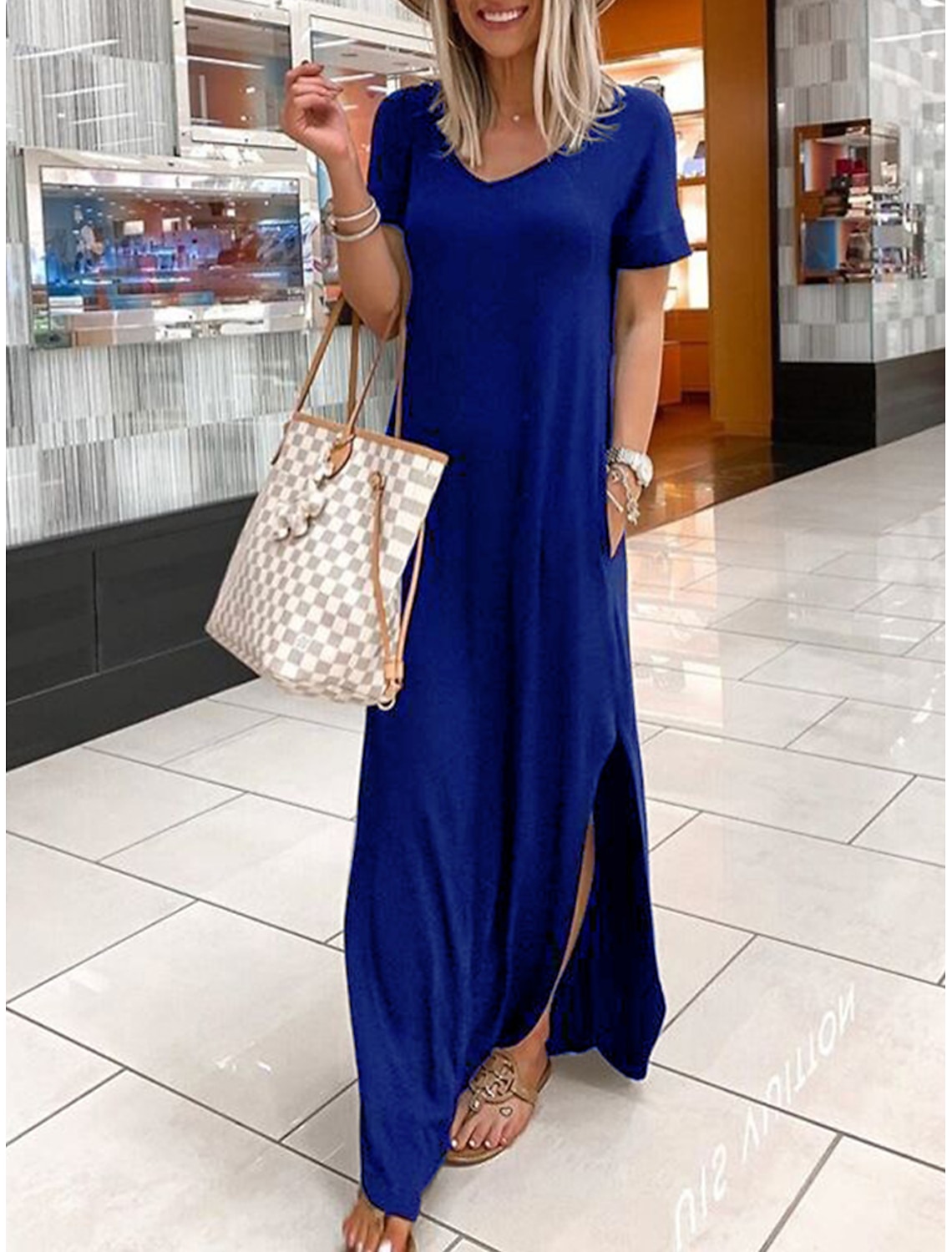 Women's Long Dress Maxi Dress Maxi Dress Black Dress Casual Dress Cocktail Dress Formal Dresses Basic Casual Daily Outdoor Going out Regular Fit Plain Short Sleeve V Neck Blue Black Wine Summer Spring