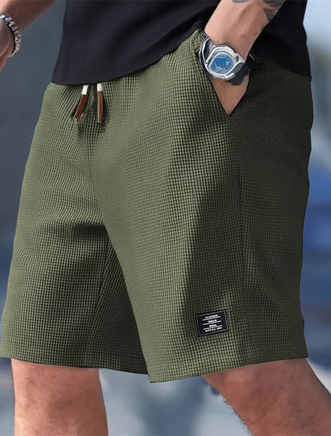 Men's Waffle Shorts Shorts Summer Shorts Casual Shorts Pocket Elastic Waist Drawstring Plain Comfort Breathable Knee Length Outdoor Vacation Sport Casual Black White Micro-elastic